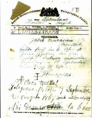 telegramă - Domcapitel; Domcapitel către Iacob Mureșianu