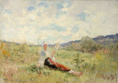 Pictură de șevalet - Grigorescu, Nicolae; Țărancă torcând
