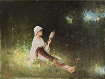 Pictură de șevalet - Grigorescu, Nicolae; Țărancă torcând