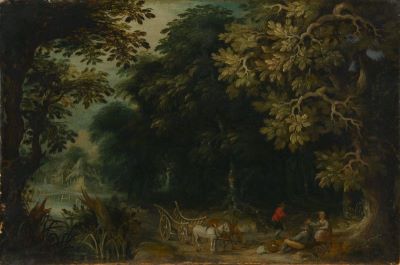 pictură de șevalet - ABRAHAM GOVAERTS (Antwerpen, 1590 – Antwerpen, 1626), atribuit (?) / atelier (?); Peisaj de pădure