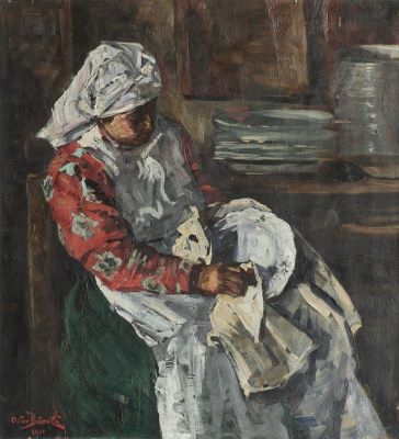 Pictură de șevalet - Băncilă, Octav; Femeie ștergând farfurii