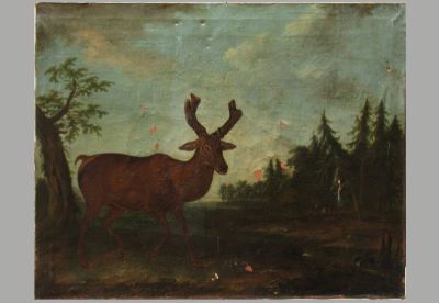 pictură de șevalet; Căprior în fața pădurii de brad ; pandant: Căprior la apă