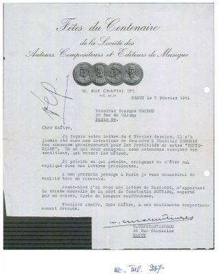 Mihai Constantinescu; Scrisoare trimisă de Mihai Constantinescu lui George Enescu