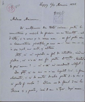 corespondență - Scrisoarea a fost redactată de Ion A. Rădulescu.; Scrisoare datată „6/18 noiembrie 1898, Leipzig“, adresată de Ion. A. Rădulescu, Annei Maiorescu