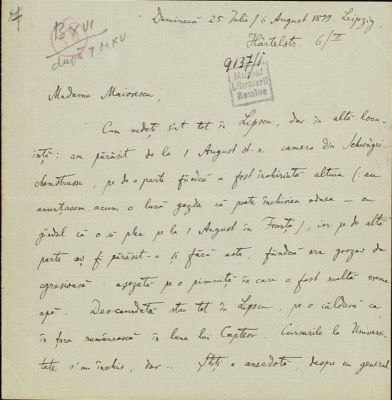 corespondență - Scrisoarea a fost redactată de Ion A. Rădulescu.; Scrisoare datată „Duminică, 25 iulie/6 august 1899, Leipzig“, adresată de Ion A. Rădulescu, Annei Maiorescu