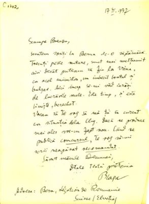 scrisoare - Blaga, Lucian; Blaga îl anunță pe Breazu că s-a mutat la Berna