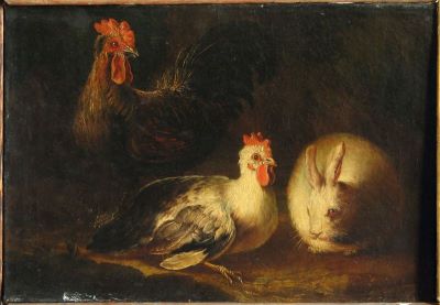 pictură de șevalet; Cocoș, găină și iepure de casă ; pandant: Cobai și iepuri de casă