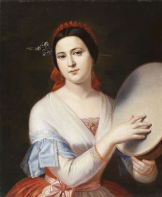 pictură de șevalet - Tattarescu, Gheorghe M.; Fata cu tamburina