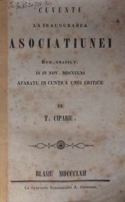 carte veche - Cipariu, Timotei - autor; Cuventu la inaugurarea Asociatiunei Rom. transilv.