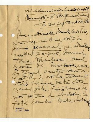scrisoare - Enescu, George; Manuscris în care autorul George Enescu solicită sprijin pentru problemele de la Tescani