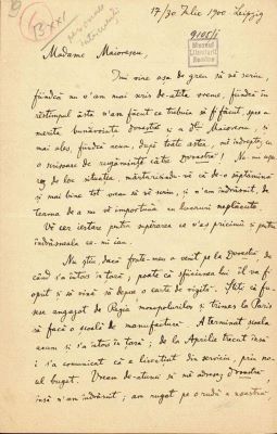 corespondență - Scrisoarea a fost redactată de Ion A. Rădulescu.; Scrisoare datată „17/ 30 iulie 1900, Leipzig“, adresată de Ion. A. Rădulescu, Annei Maiorescu