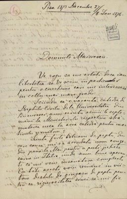 corespondență - Scrisoarea a fost redactată de Vasile Conta.; Scrisoare datată „27 decembrie/8 ianuarie 1874, Pisa“, adresată de Vasile Conta lui Titu Maiorescu