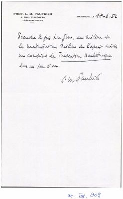 L.M. Pautrier; Recomandare medicală emisă de Profesor doctor L.M. Pautrier privind administrarea unui medicament lui George Enescu