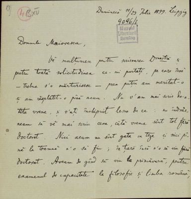 corespondență - Scrisoarea a fost redactată de Ion A. Rădulescu.; Scrisoare datată „Duminică, 11/23 iulie 1899, Leipzig“, adresată de Ion A. Rădulescu lui Titu Maiorescu