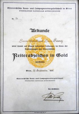 Societatea Ecvestră Austriacă; Federația Națională Austriacă; Brevet pentru Insigna Ecvestră de Aur acordat locotenentului român Henri Rang (1902 – 1946)