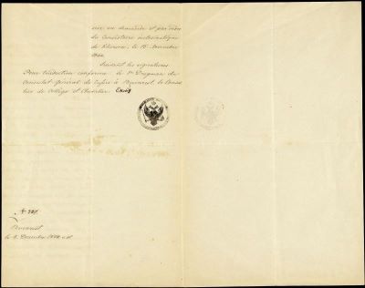 document - Documentul a fost semnat pentru autentificare de primul traducător (interpret) al Consulatului General Rus la București și ștampilat în conformitate; Act datat 4 decembrie 1844, ce cuprinde traducerea în franceză a unui certificat emis în 1838 de consistoriul ecleziastic de la Herson (Cherson, Crimeea)