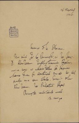 corespondență - Scrisoarea a fost redactată de Nicolae Iorga.; Scrisoare datată „16 aprilie 1916“, adresată de Nicolae Iorga lui I. I. Stoican.