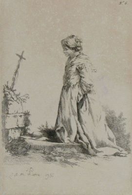 gravură - Pierre, Jean Baptiste Marie; (SC.); [Femeie rugându-se];  în registrul inventar: „Figuri izolate din viața cotidiană”