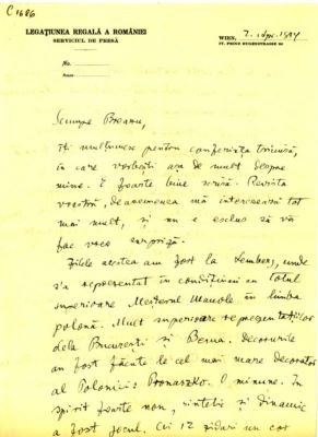 scrisoare - Blaga, Lucian; Blaga îl anunță pe Breazu de succesul în polonă a „Meșterului Manole” jucată la Lemberg și despre apropiata apariție a „Cenzurii transcedentale”