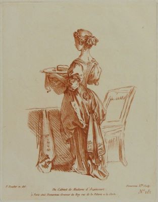 gravură - Demarteau, Gilles; (SC.); (EX.); Boucher, François; (INV.); (DEL.); [Femeie tânără]; în registrul inventar: „Din viața țăranilor”