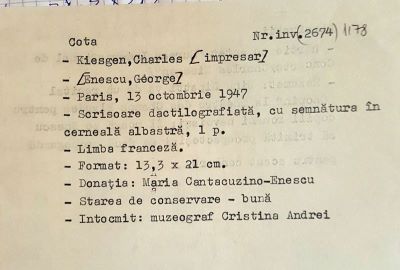 Charles Kiesgen; Scrisoare adresată compozitorului George Enescu de către Charles Kiesgen, directorul Biroului Internațional de Concerte „Charles Kiesgen‟, Paris, 13 octombrie 1947