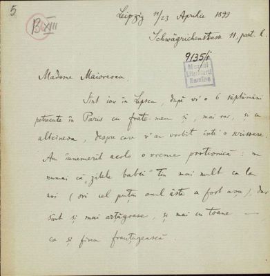corespondență - Scrisoarea a fost redactată de Ion A. Rădulescu.; Scrisoare datată „11/23 aprilie 1899, Leipzig“, adresată de Ion. A. Rădulescu, Annei Maiorescu