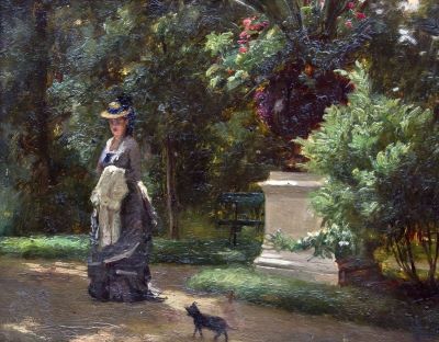pictură de șevalet - Aman, Theodor; Femeie cu cățelul în parc