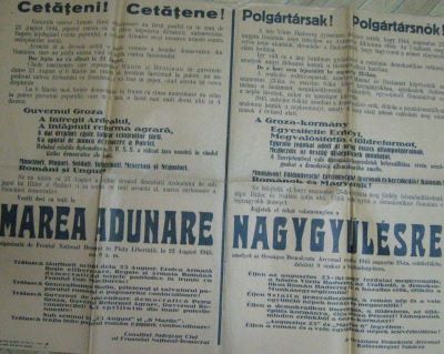 Apel al Frontului Național Democrat la Marea Adunare din 23 aug. 1945 în sprijinul guvernului P. Groza.