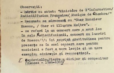 scrisoare - Pierre Capdevielle; Adresa oficială nr. 2479/3 noiembrie 1947, trimisă compozitorului George Enescu de către Pierre Capdevielle, șeful Serviciului Muzică de Cameră din cadrul Radiodifuziunii Franceze, Paris, 3 noiembrie 1947