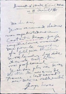 Enescu, George; Scrisoare adresată de către compozitorul George Enescu unui muzician ilustru din Franța (destinatar necunoscut), București, 14 aprilie 1945