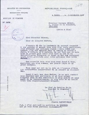 scrisoare - Pierre Capdevielle; Adresa oficială nr. 2479/3 noiembrie 1947, trimisă compozitorului George Enescu de către Pierre Capdevielle, șeful Serviciului Muzică de Cameră din cadrul Radiodifuziunii Franceze, Paris, 3 noiembrie 1947