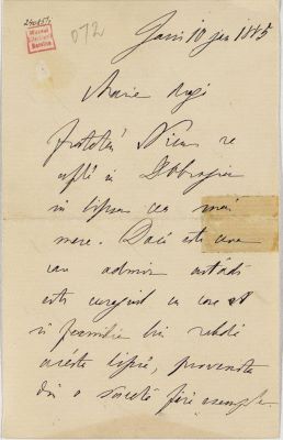 manuscris - Scrisoarea a fost redactată de M. Kogălniceanu; Scrisoare cu plic trimisă de Mihai Kogălniceanu fiicei sale, Maria George Hermeziu, datată „10 ianuarie 1885, Iași“