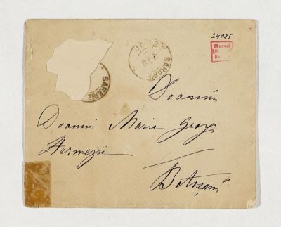 manuscris - Scrisoarea a fost redactată de M. Kogălniceanu; Scrisoare cu plic trimisă de Mihai Kogălniceanu fiicei sale, Maria George Hermeziu, datată „10 ianuarie 1885, Iași“