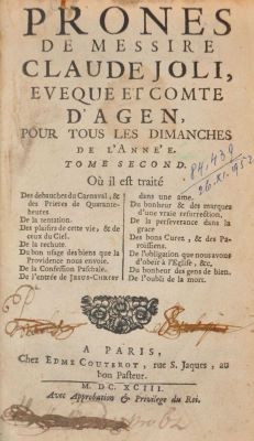carte veche - Claude Joli, autor; Prones de messire Claude Joli, Eveque et Compte D'Agen