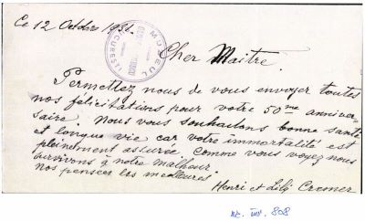 Henri și Lili Cremer; scrisoare trimisă de Henri și Lili Cremer lui George Enescu