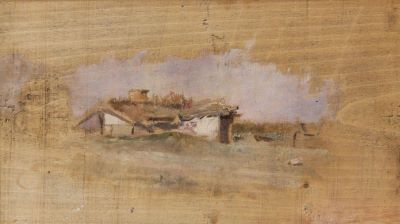 pictură de șevalet - Aman, Theodor; Scenă campestră. Verso: Peisaj cu bordeie îngropate, eboșă