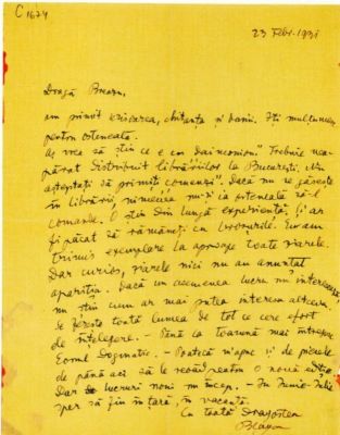 scrisoare - Blaga, Lucian; Blaga îi scrie lui Breazu despre distribuirea în țară a lucrării „Daimonion” și despre întregirea „Eonului”