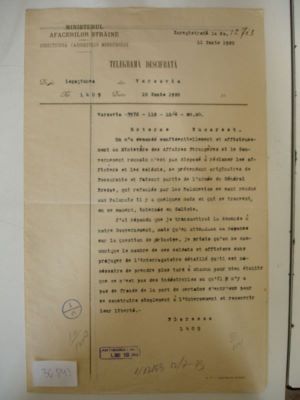 telegramă - Imprimeria Statului; Legația din Varșovia, către Ministerul Afacerilor Străine din București