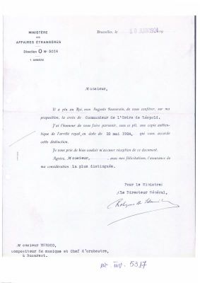 Ministerul Afacerilor Externe din Belgia; Scrisoare oficială trimisă de Ministerul Afacerilor Externe din Belgia lui George Enescu