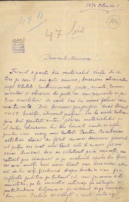 corespondență - Scrisoarea a fost redactată de A. Lambrior.; Scrisoare datată „1 octombrie 1874“, adresată lui Titu Maiorescu de Alexandru Lambrior