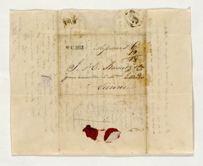 manuscris - Scrisoarea-document a fost redactată de S. Andronic; Scrisoare trimisă pe 8/20 noiembrie 1845 de S. Andronic doamnei Eliade (mama lui Ion Heliade Rădulescu), aflată la Viena