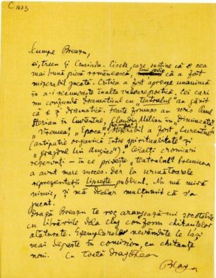 scrisoare - Blaga, Lucian; Blaga îi scrie lui Breazu despre premiera piesei „Cruciada copiilor”, la Teatrul Național București