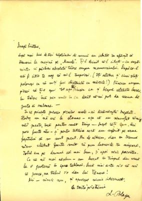 scrisoare - Blaga, Lucian; Blaga către Breazu; îl anunță că îi trimite manuscrisul dactilografiat al piesei 