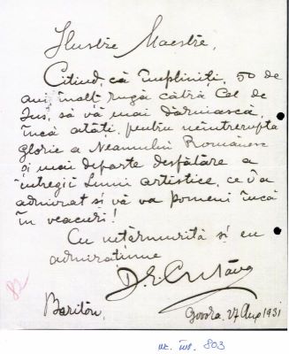 Dimitrie Gheorghe Cutava; scrisoare trimisă de baritonul Dimitrie Gheorghe Cutava lui George Enescu
