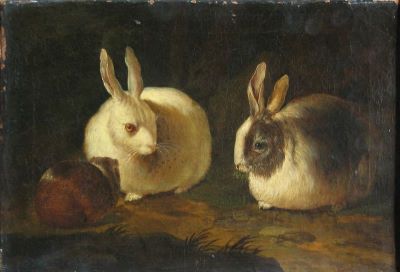 pictură de șevalet; Cobai și iepuri de casă ; pandant: Cocoș, găină și iepure de casă