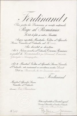 Ministerul Afacerilor Străine, Cancelaria Ordinelor; Brevet semnat de regele Ferdinand de numire a maestrului George Enescu ca membru al Ordinului „Coroana României” în grad de Comandor