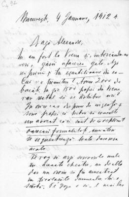 scrisoare - Popovici, Aurel C.; A.C. Popovici către A. Vaida Voevod, București, 4 ianuarie 1912; se referă la rivalitatea cu O. Goga