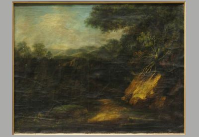 pictură de șevalet; Peisaj de pădure cu turn; pandant: Peisaj de pădure cu moară
