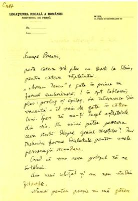 scrisoare - Blaga, Lucian; Blaga îi scrie lui Breazu despre venirea la Sibiu și planurile sale literare