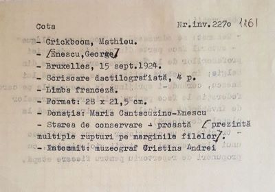 Mathieu Crickboom; Scrisoare adresată compozitorului George Enescu de către Mathieu Crickboom, membru al Comisiei Federației Profesorilor din Conservatoarele Regale din Belgia, Bruxelles, 15 septembrie 1924